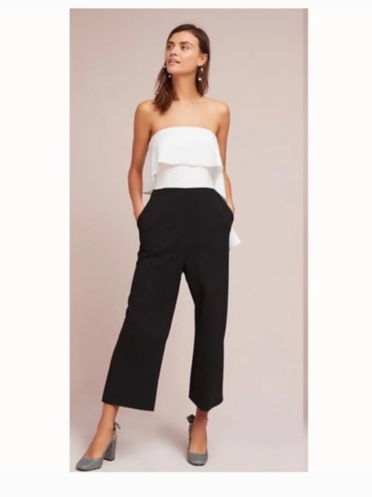 Anthropologie Donna Morgan Strapless Ruffle Jumpsuit Crop Pockets Black White 6